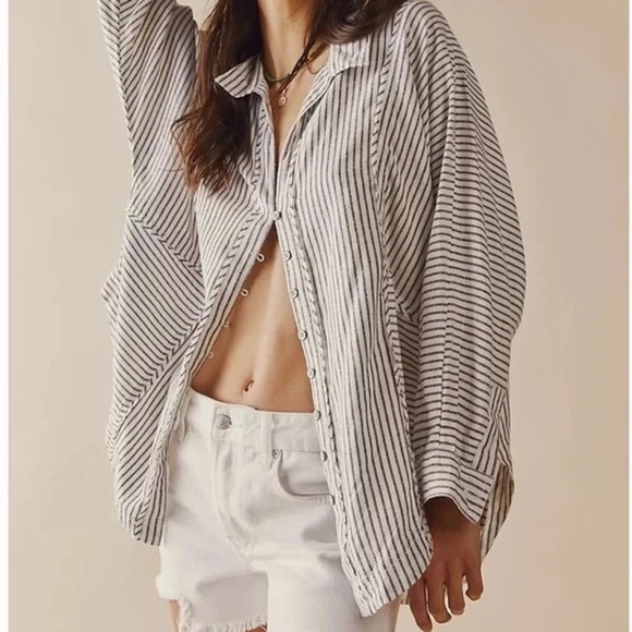 We The Free Tops - Free People We The Free One & Only Striped Blouse Top Small Linen Black White